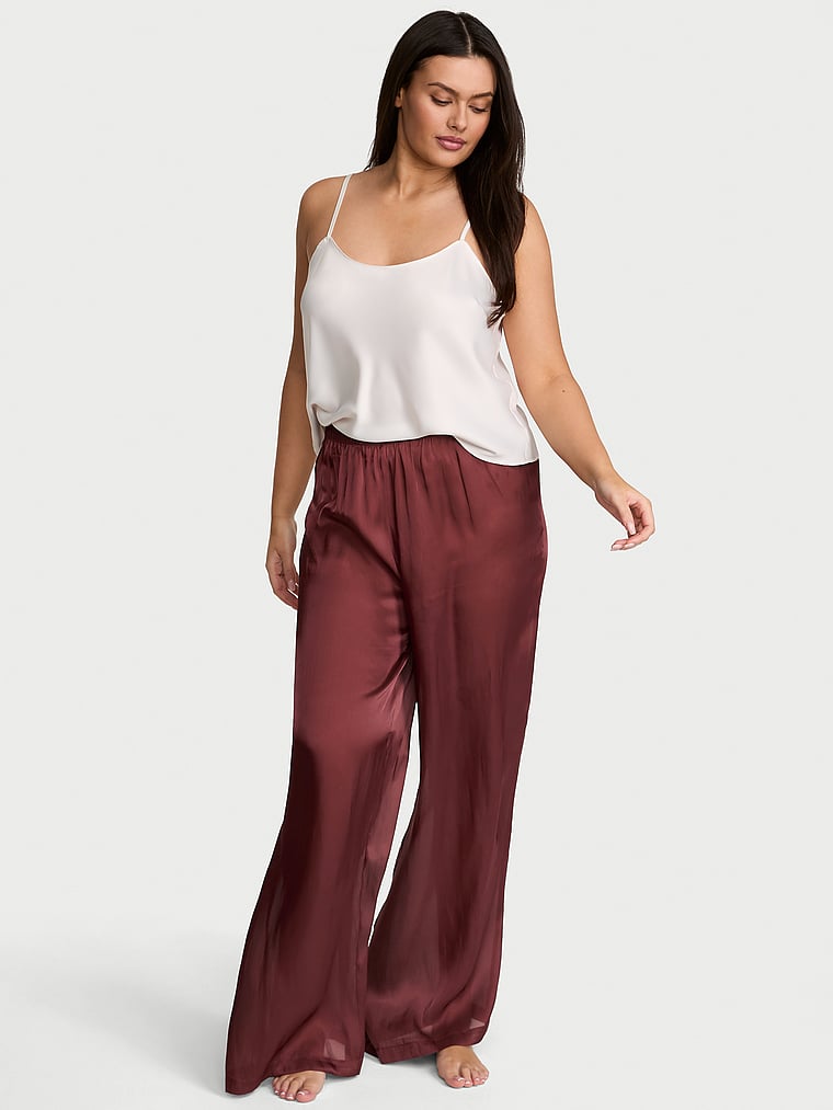 Victoria's Secret, Victoria's Secret Luxe Sheer Satin Wide-Leg Pant, Cherrywood, onModelFront, 3 of 4 Karmi is 5'10" or 178cm and wears Large