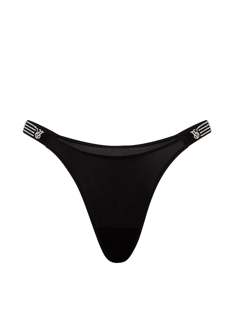 Victoria's Secret, Very Sexy Shine Strap Lace Crotchless Brazilian Panty, Black, offModelFront, 2 of 4