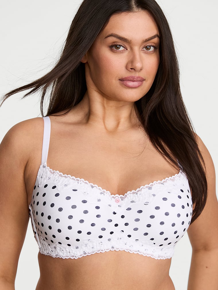 Victoria's Secret, The T-shirt Cotton Lace-Trim Lightly Lined Balconette Bra, White Dots, onModelFront, 1 of 3 Karmi is 5'10" and wears 34DD (E) or Large