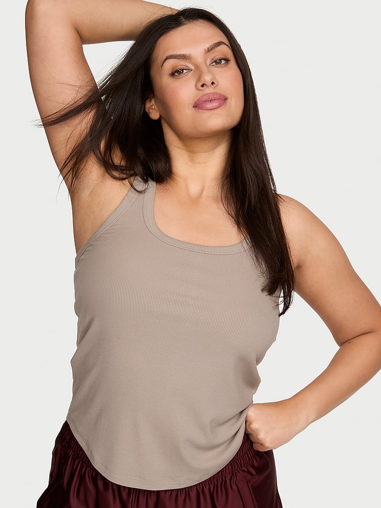 Victoria's Secret, Angel Essentials VS Iconic Rib Square-Neck Tank Top, Dove Grey, onModelFront, 1 of 2 Karmi is 5'10" and wears Large