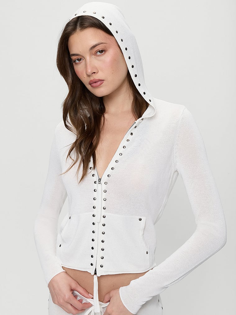 Victoria's Secret, Frankies Bikinis Atlas Knit Hoodie, Coconut Cream, onModelFront, 1 of 3