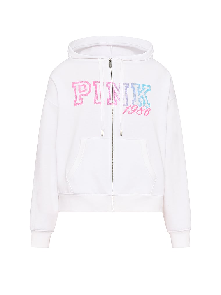 PINK Ivy Fleece Campus Full-Zip Hoodie, White, offModelFront, 3 of 3