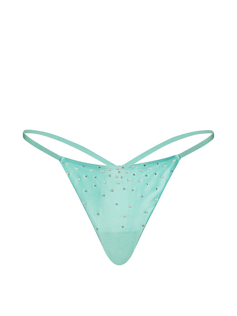 Victoria's Secret, Dream Angels Satin Pearl-Embellished V-String Panty, Canal Blue, offModelFront, 3 of 4