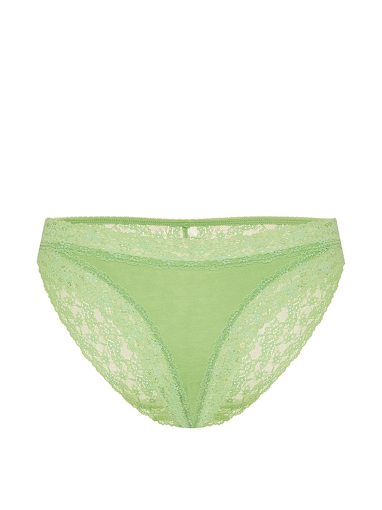 Victoria's Secret, Lace Trim Cotton Pointelle Lace-Waist Bikini, Green, offModelFront, 3 of 3