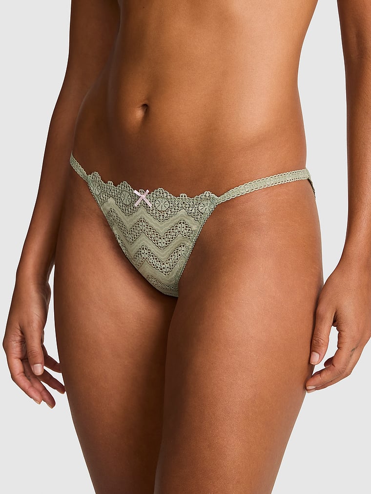 PINK PINK Wink™ String Bikini Panty, Slate Green, onModelFront, 1 of 4 Vanessa is 5'10" and wears Small