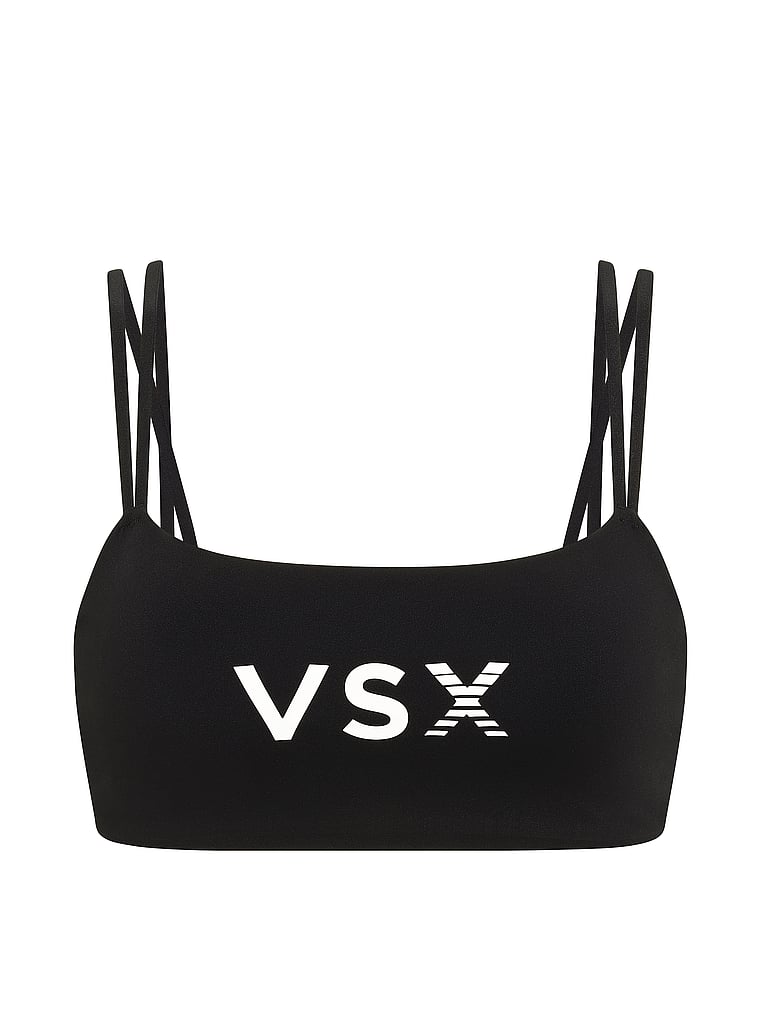 Victoria's Secret, VSX VSX Elevate™ Strappy Square-Neck Sports Bra, Black, offModelFront, 4 of 5