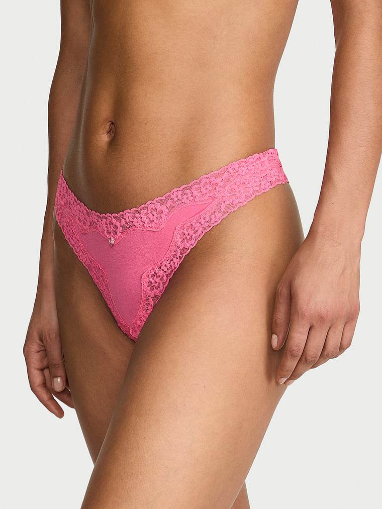 Victoria's Secret, Lace Trim Cotton Lace-Waist Thong, Pink Radiance, onModelFront, 3 of 4 Nikita  is 5'10" or 178cm and wears Small