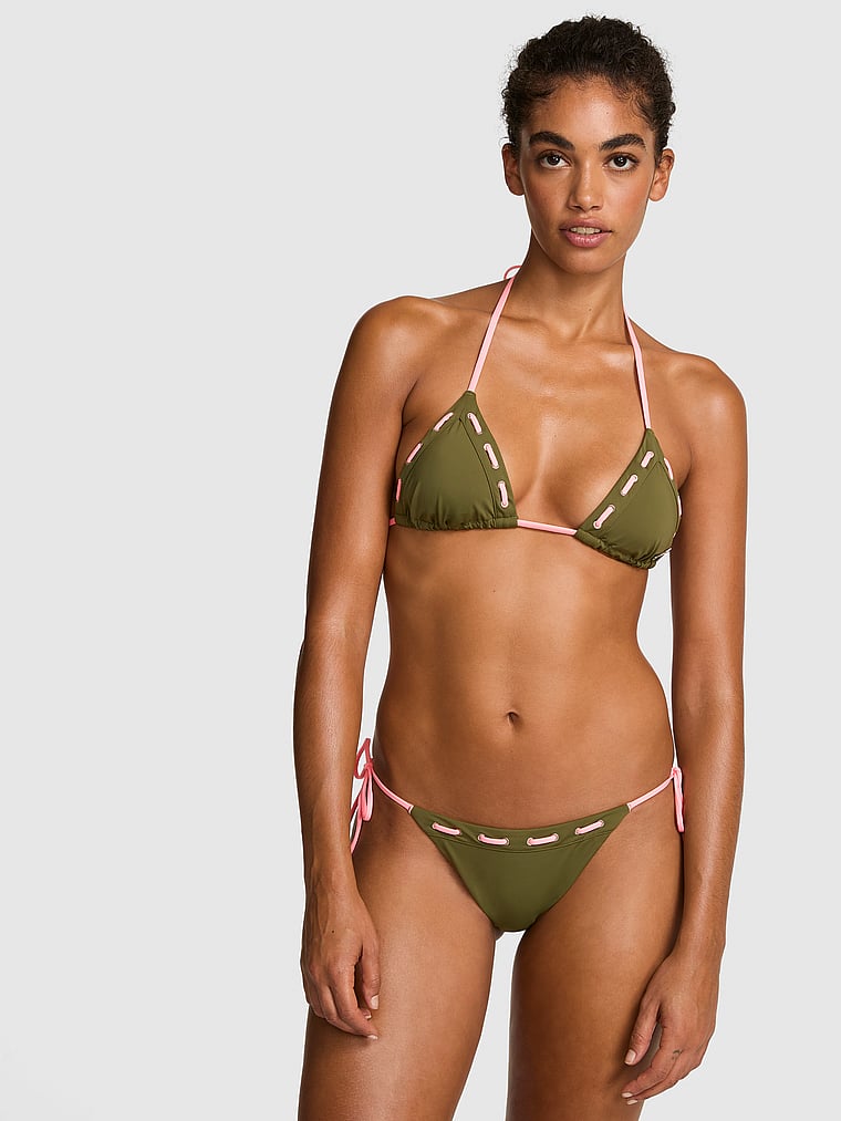 PINK SWIM Triangle String Bikini Top, Woodland Green, onModelFront, 1 of 4 Vanessa is 5'10" and wears 32B or Small