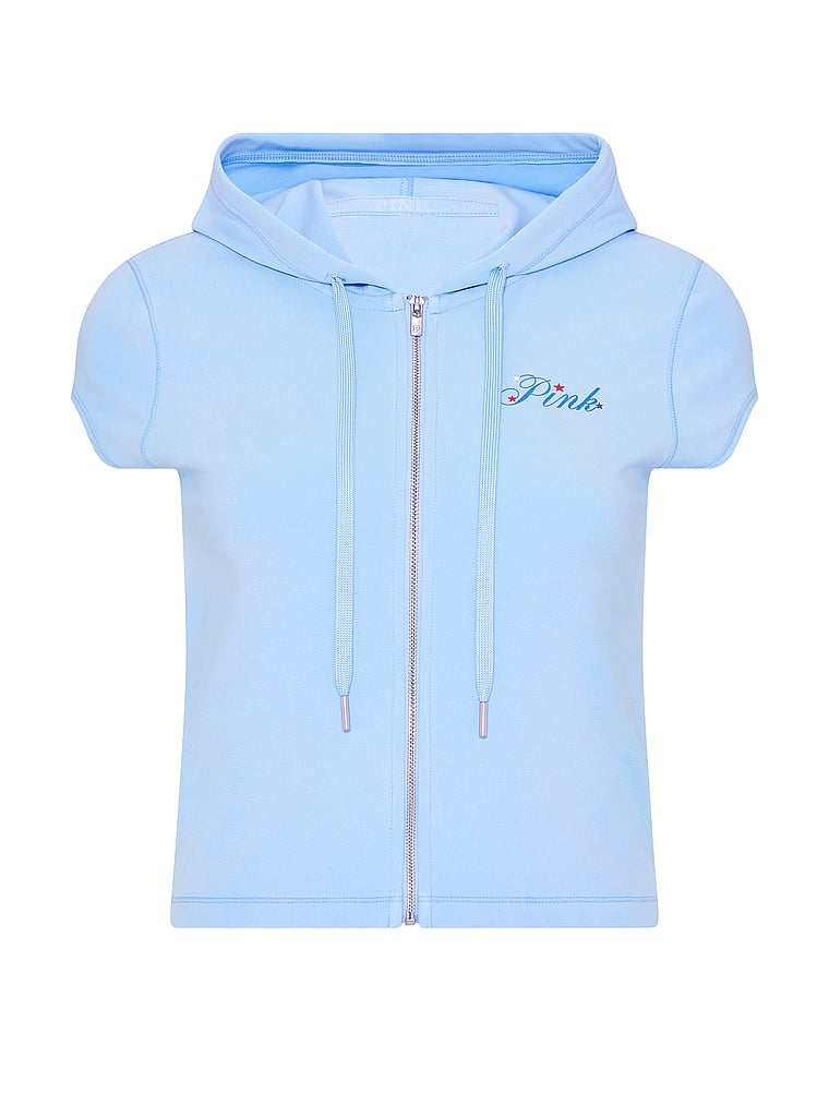 PINK Soft Modal Short-Sleeve Full-Zip Hoodie, Blue, offModelFront, 3 of 3