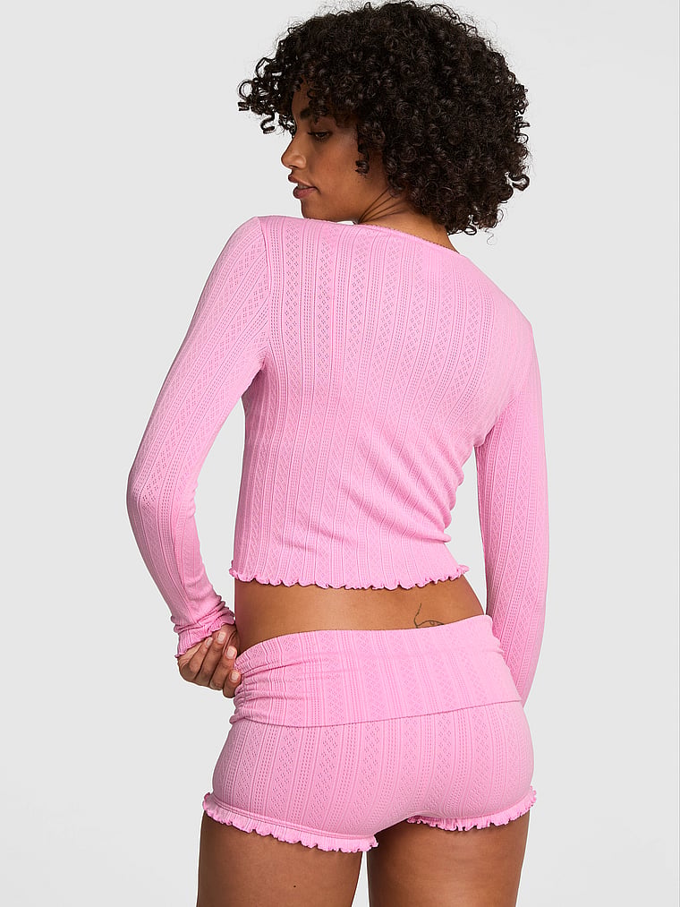 PINK AnyWear Foldover Shorts, Pink Lollipop, onModelBack, 2 of 4 Vanessa is 5'10" or 178cm and wears Small