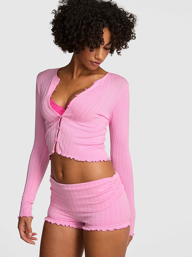 PINK AnyWear Foldover Shorts, Pink Lollipop, onModelFront, 1 of 4 Vanessa is 5'10" or 178cm and wears Small