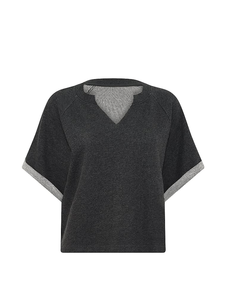 PINK Campus Terry™ Short-Sleeve Crew Sweatshirt, Charcoal Heather Grey, offModelFront, 4 of 4