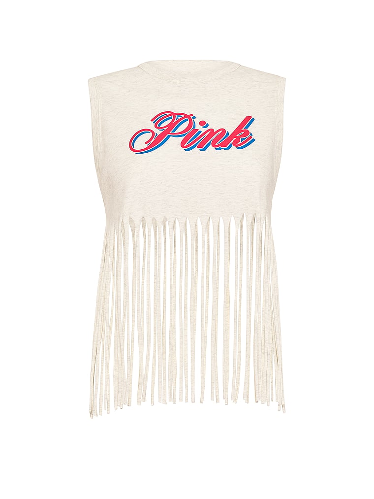 PINK Campus Cotton™ Retro Fringe Tank Top, Snow Heather, offModelFront, 3 of 3