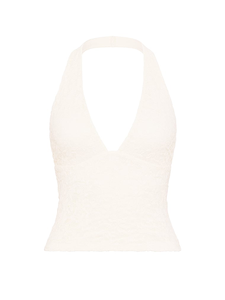 PINK PINK Base Lace Plunge Halter Top, Winter White, offModelFront, 3 of 3