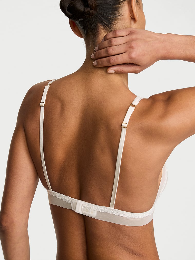 Victoria's Secret, Dream Angels Lace Mesh-Trim Triangle Bralette, Coconut White, onModelBack, 2 of 4 Nikita is 5'10" or 178cm and wears 34B or Small