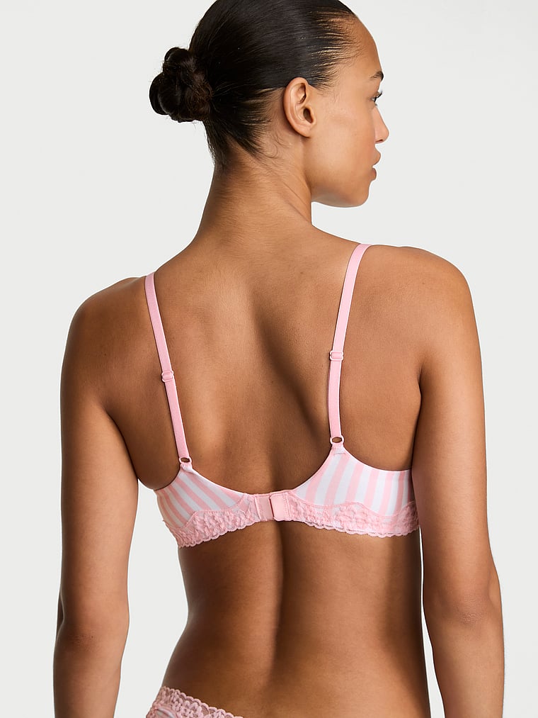 Victoria's Secret, The T-shirt Cotton Lace-Trim Lightly Lined Balconette Bra, Pretty Blossom Stripes, onModelBack, 2 of 3 Nikita is 5'10" or 178cm and wears 34B or Small