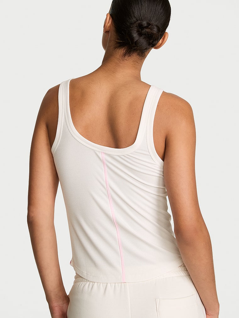Victoria's Secret, Angel Essentials VS Iconic Rib Square-Neck Tank Top, Coconut White, onModelBack, 2 of 4