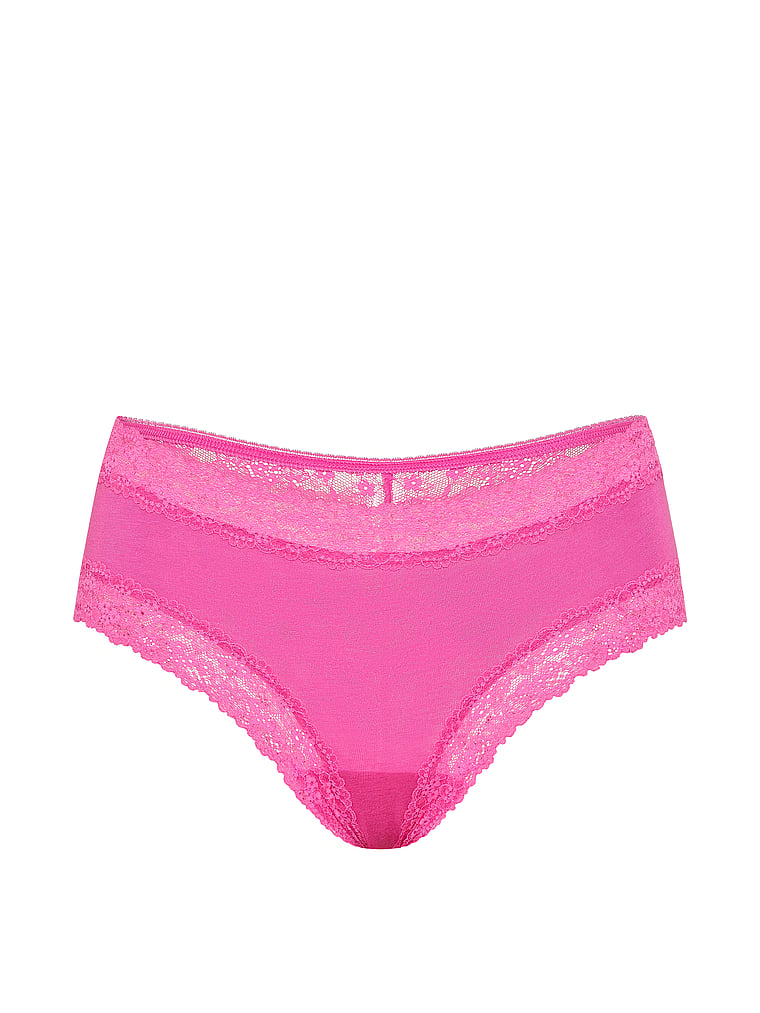 Victoria's Secret, Lace Trim Cotton Lace-Trim Cheeky Panty, Flower Pink, offModelFront, 3 of 4