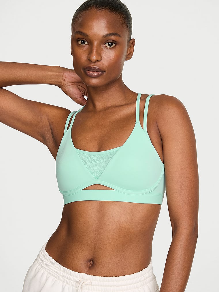 Victoria's Secret, VSX VSX Elevate™ Strappy Plunge Sports Bra, Waterfall, onModelSide, 3 of 5