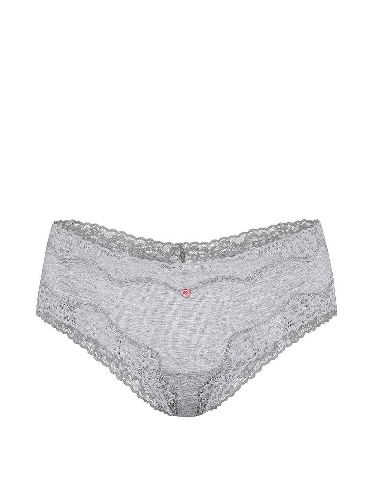 Victoria's Secret, Lace Trim Cotton Shadow Stripe Lace-Waist Cheeky Panty, Medium Heather Grey, offModelFront, 4 of 4