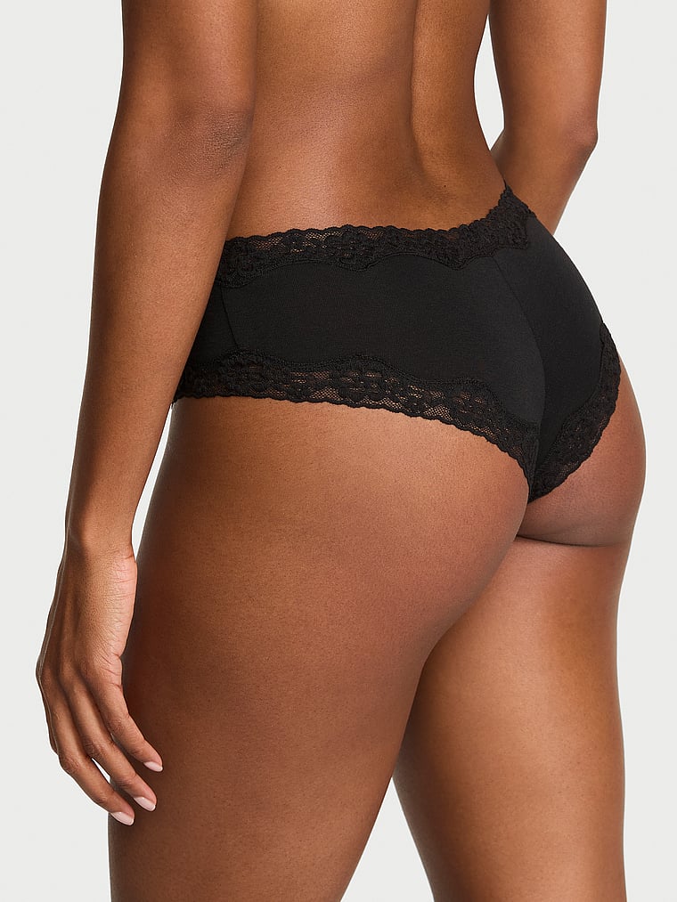 Victoria's Secret, Lace Trim Cotton Bow Lace-Trim Cheeky Panty, Black, onModelBack, 2 of 3 Tsheca  is 5'9" or 175cm and wears Small