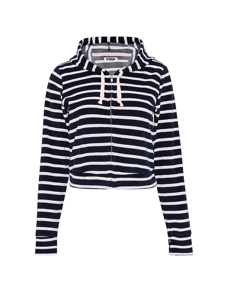 PINK SWIM Terry Full-Zip Cover-Up Hoodie, Noir Navy Stripe, offModelFront, 4 of 4