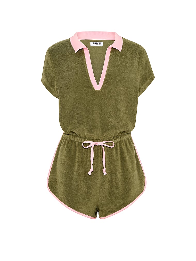 PINK Terry Henley Cover-Up Onesie, Woodland Green, offModelFront, 3 of 3