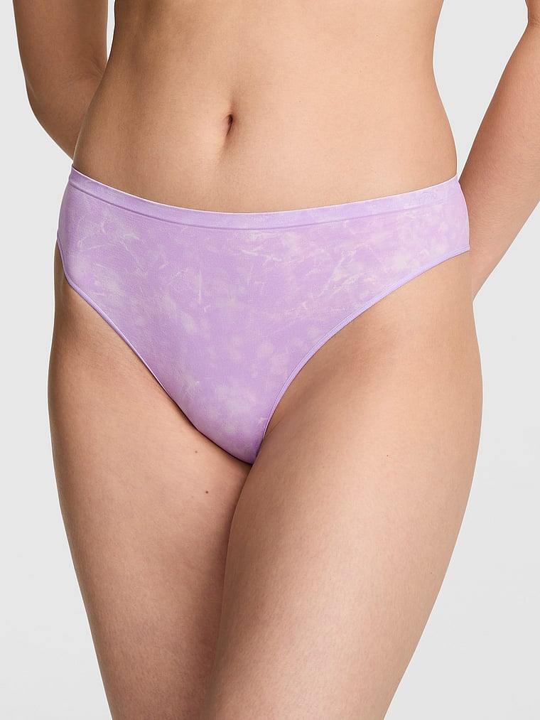 PINK Seamless Brazilian Panty, Antique Violet Tie Dye Print, onModelFront, 1 of 3 Gloria is 5'9" and wears Small