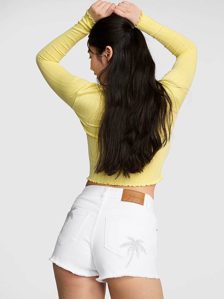 PINK Denim by PINK High-Rise A-Line Shortie, White Palm Tree, onModelBack, 2 of 3 Gloria is 5'9" and wears Small