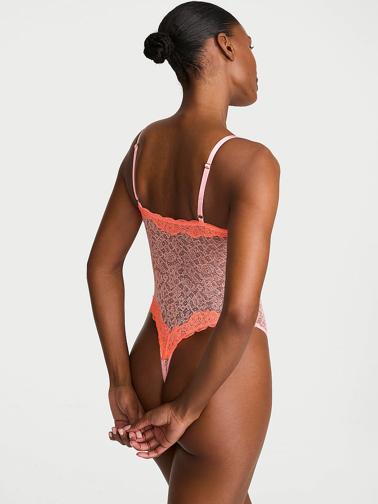 Victoria's Secret, Victoria's Secret Tease Lace Cupped Bodysuit, Boardwalk Pink, onModelSide, 3 of 4 Tsheca  is 5'9" and wears 34B or Small