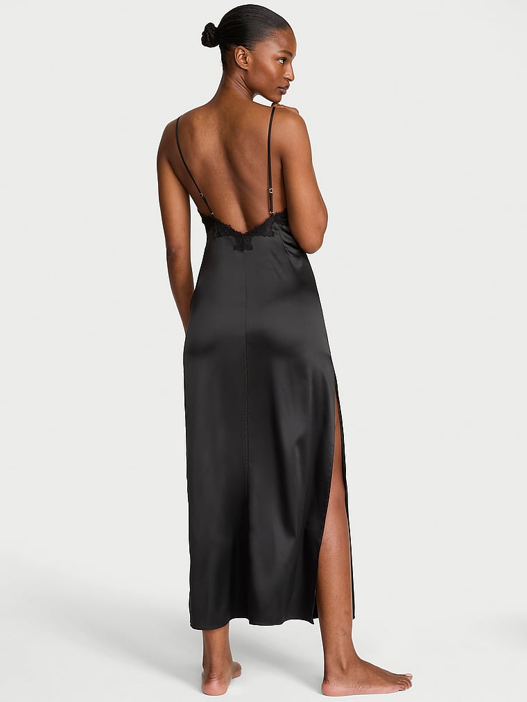 Victoria's Secret, Very Sexy Satin Rose Lace High-Slit Maxi Slip Dress, Black, onModelSide, 2 of 4 Tsheca  is 5'9" and wears Small