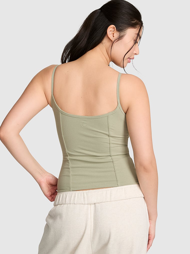 PINK All-Day Soft Rib Corset Tank Top, Slate Green, onModelBack, 2 of 3 Gloria is 5'9" or 175cm and wears Small