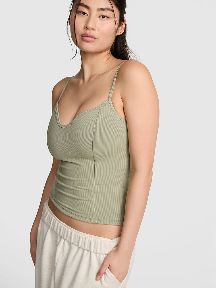 PINK All-Day Soft Rib Corset Tank Top, Slate Green, onModelFront, 1 of 3 Gloria is 5'9" or 175cm and wears Small