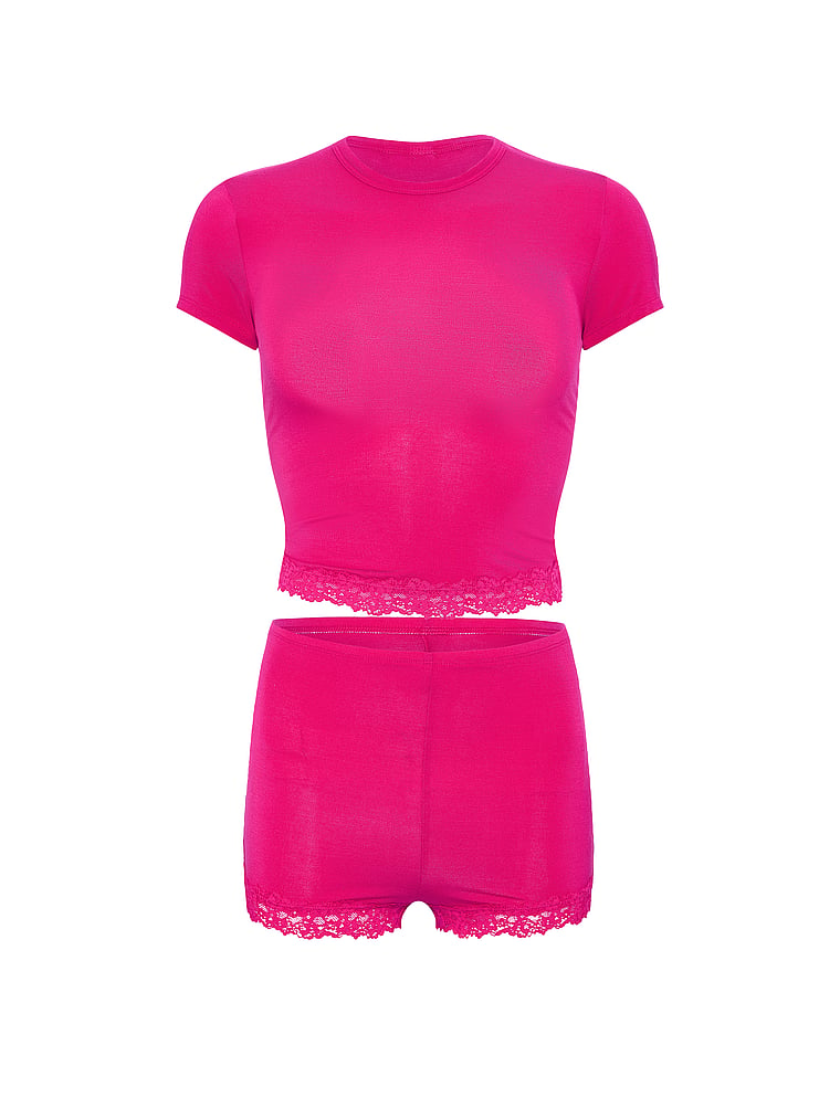 Victoria's Secret, Victoria's Secret SoSoft™ Modal Lace-Trim Tee & Shortie Set, Pop Pink, offModelFront, 3 of 4