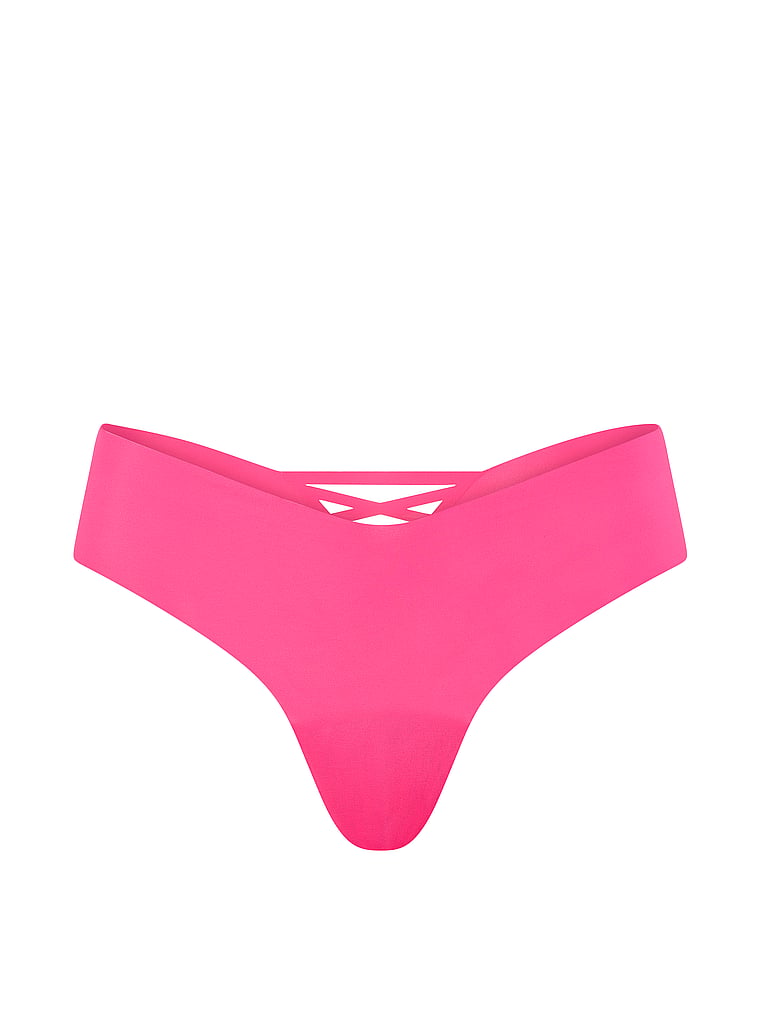 Victoria's Secret, No-Show No-Show Stripe Mesh Thong Panty, Haute Pink, offModelFront, 3 of 3