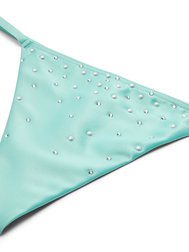 Victoria's Secret, Dream Angels Satin Pearl-Embellished V-String Panty, Canal Blue, detail, 4 of 4