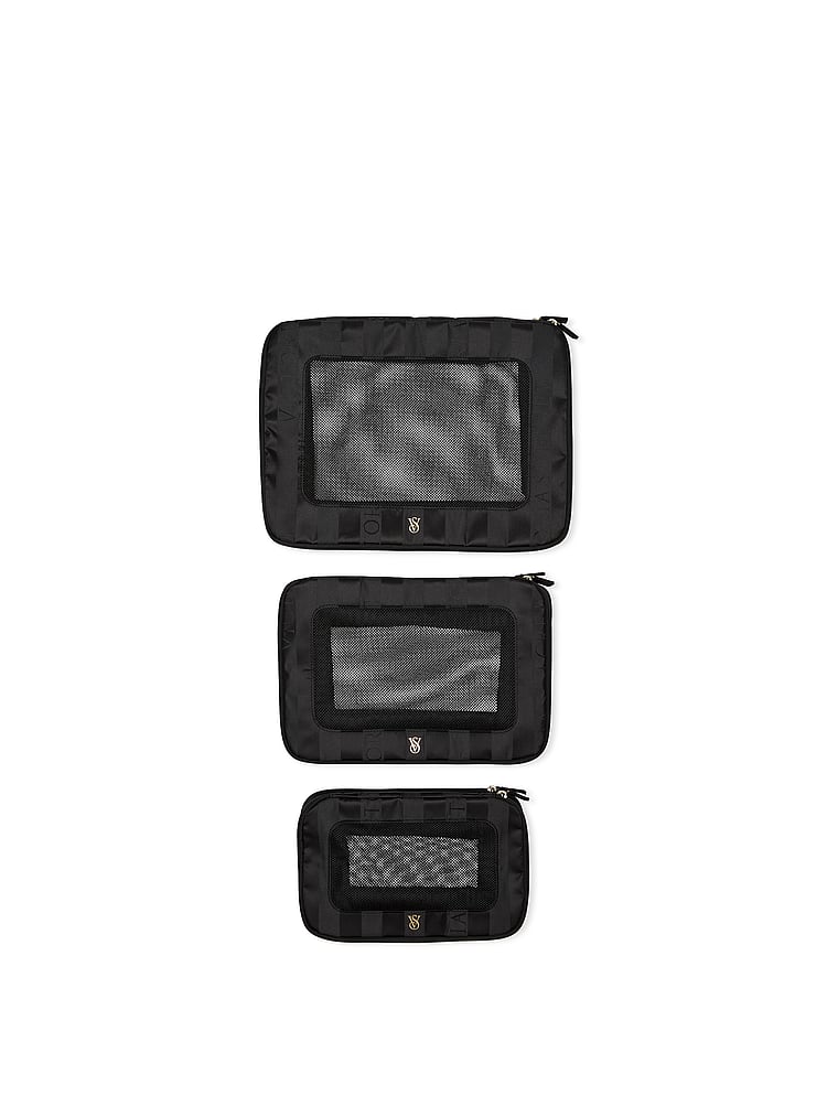 Victoria's Secret, Victoria's Secret 3-Piece Compression Packing Cubes Set, Black Logo Jacquard Stripe, onModelFront, 1 of 3