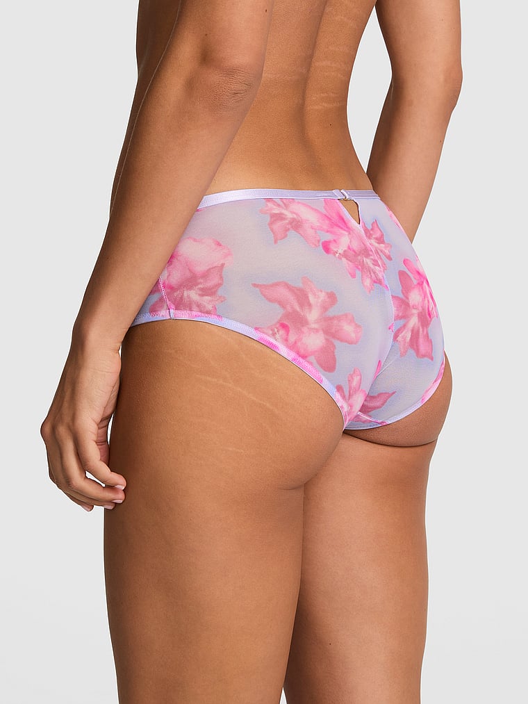 PINK Logo Cotton Hiphugger Panty, Sweet Lavender Hibiscus Floral Print, onModelBack, 2 of 3 Rae is 5'10" or 178cm and wears Small