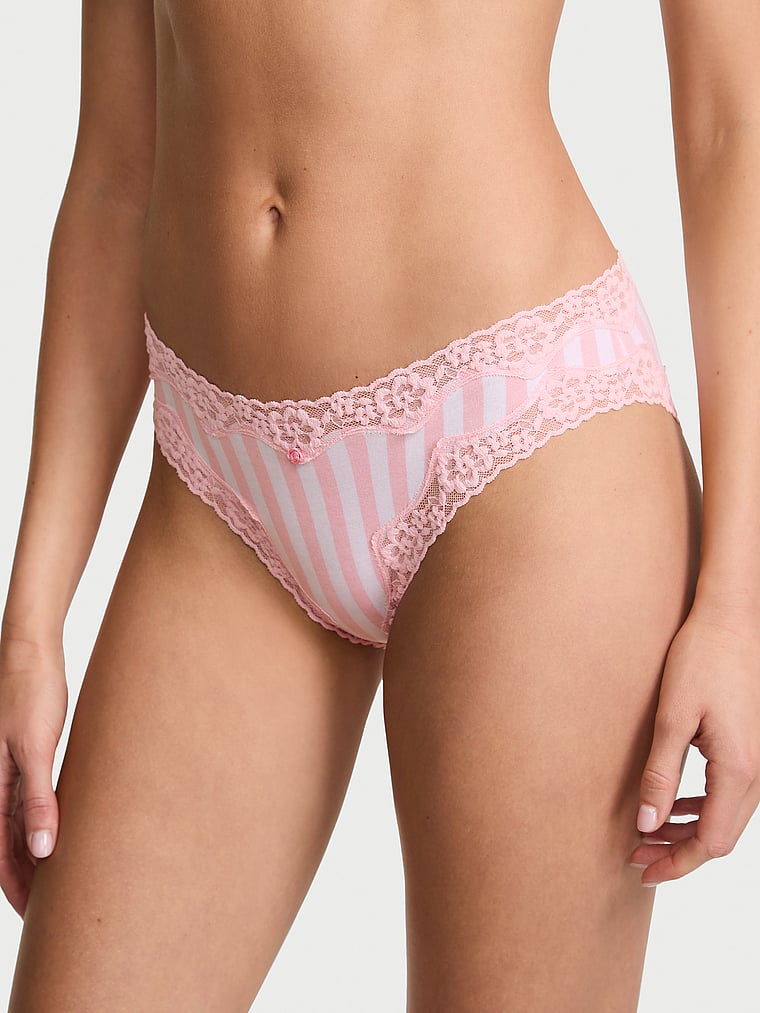 Victoria's Secret, Lace Trim Cotton Lace-Waist Bikini Panty, Pretty Blossom Iconic Stripe, onModelFront, 3 of 4 Kennidy is 5'11" and wears Small