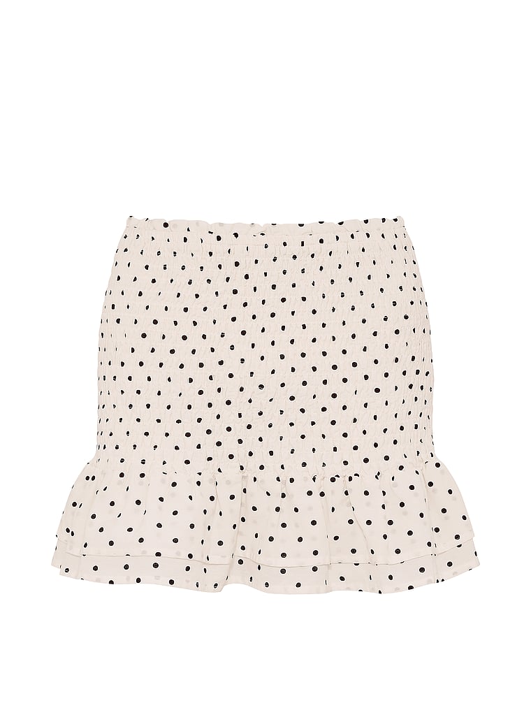 PINK Flirty Fit Smocked Mini Skirt, White Dot, offModelFront, 4 of 4
