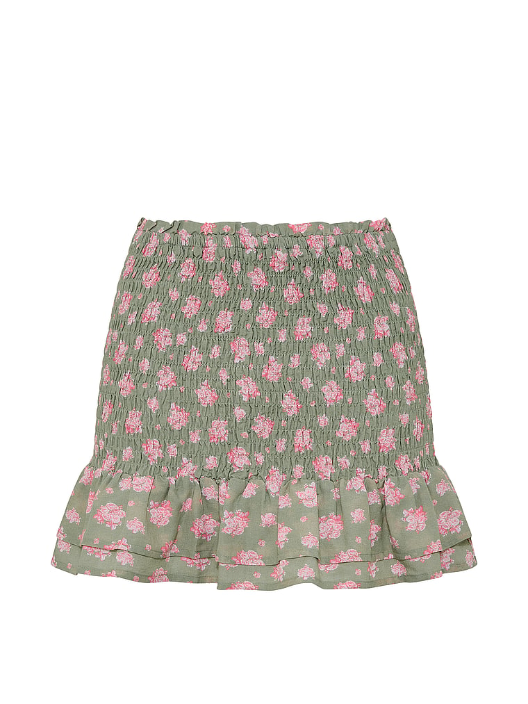 PINK Flirty Fit Smocked Mini Skirt, Slate Green Floral, offModelFront, 4 of 4