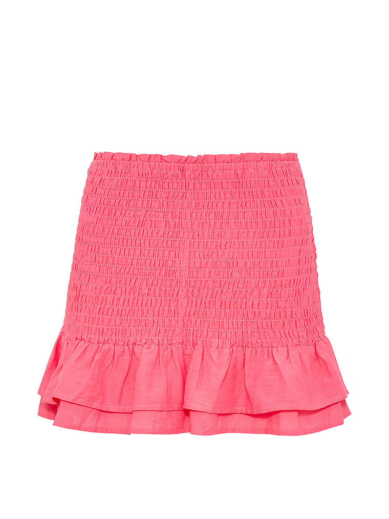 PINK Flirty Fit Smocked Mini Skirt, Vivid Pink, offModelFront, 3 of 4