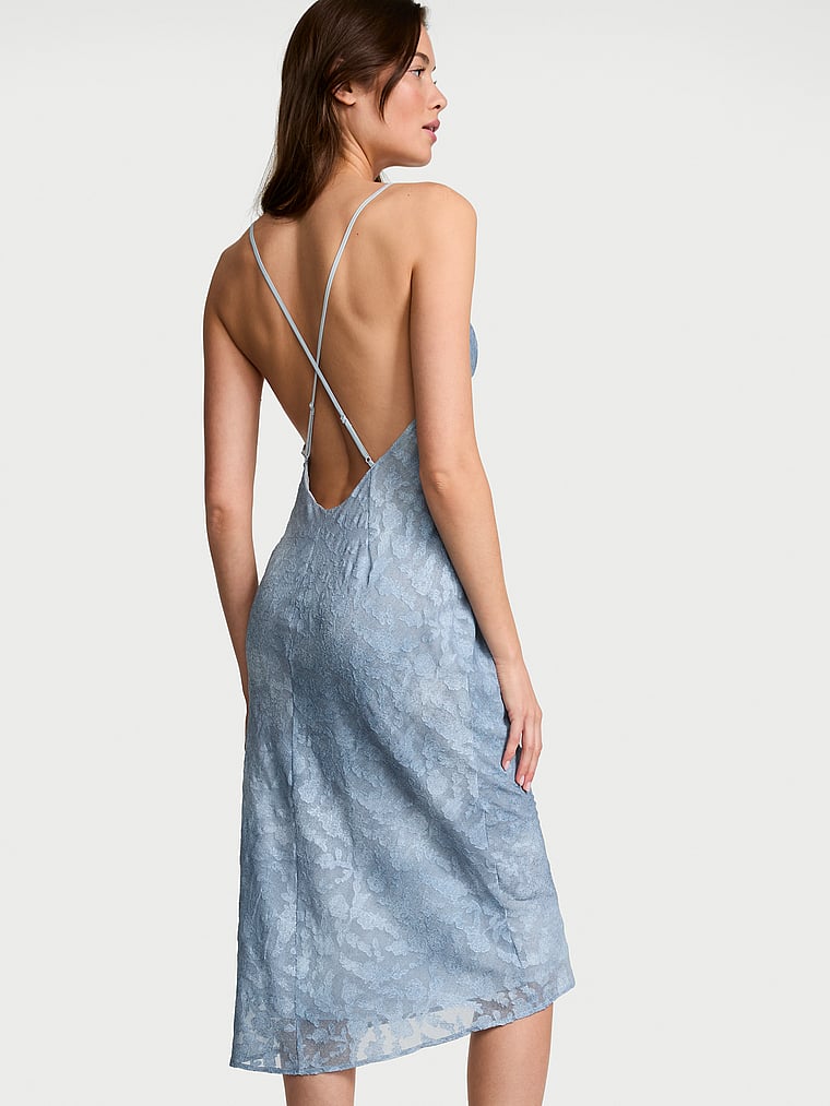 Victoria's Secret, Very Sexy Denim Jacquard Shine Midi Slip Dress, Denim Blue, onModelSide, 2 of 5 Kennidy is 5'11" or 180cm and wears Small