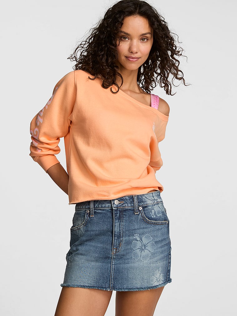 PINK Denim by PINK Mini Jean Skirt, Festival Fade Hibiscus, onModelFront, 1 of 3 Rae is 5'10" and wears Small