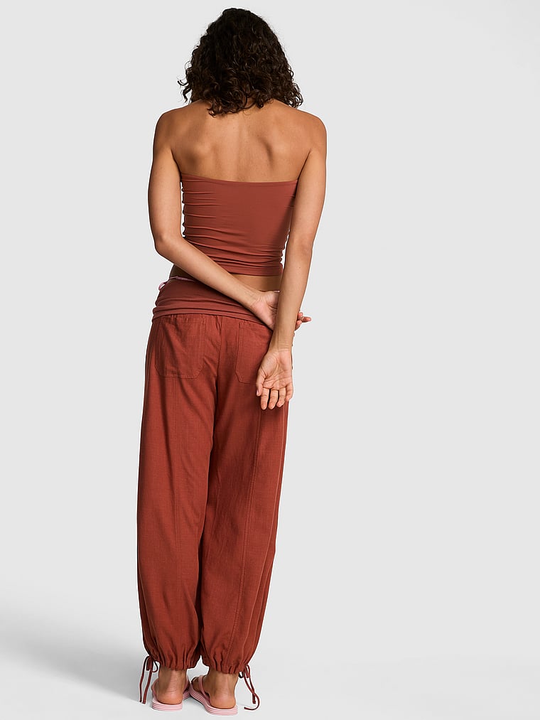 PINK Foldover Linen Jogger Pants, Clay, onModelBack, 2 of 5 Rae is 5'10" and wears Small