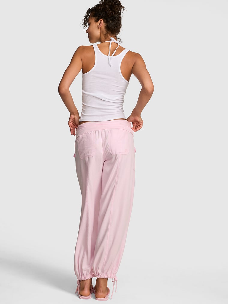 PINK Foldover Linen Jogger Pants, Pink Tulip, onModelBack, 2 of 4 Rae is 5'10" and wears Small