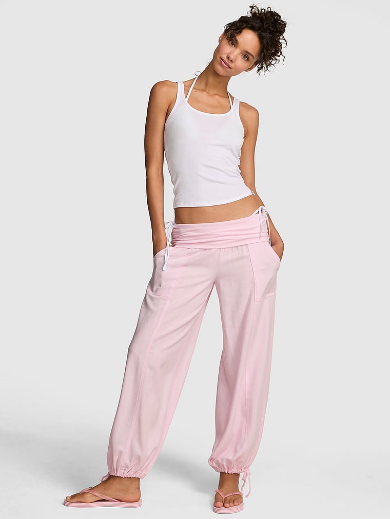 PINK Foldover Linen Jogger Pants, Pink Tulip, onModelFront, 1 of 4 Rae is 5'10" and wears Small