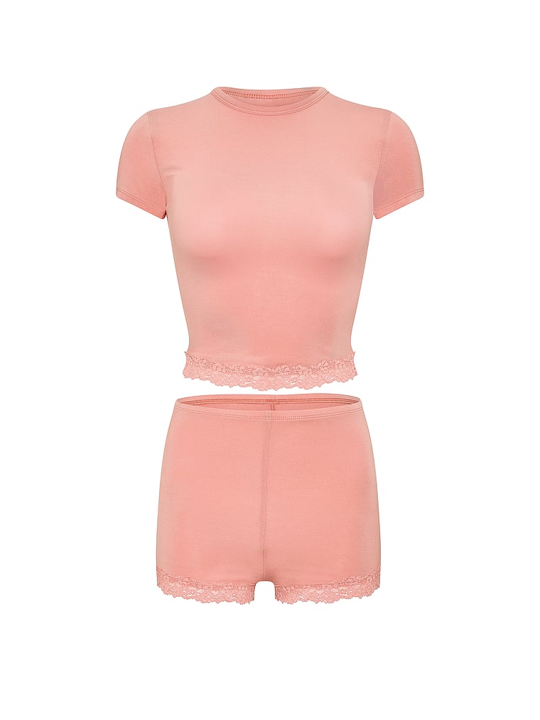 Victoria's Secret, Victoria's Secret SoSoft™ Modal Lace-Trim Tee & Shortie Set, Blush Pink, offModelFront, 3 of 4