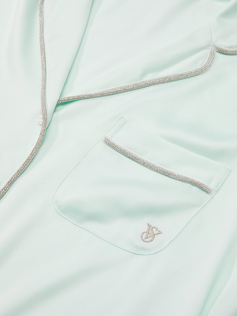 Victoria's Secret, Victoria's Secret Signature Satin Shine Short Pajama Set, Blue Bliss, detail, 4 of 5