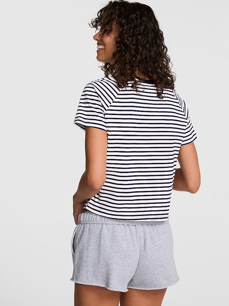 PINK Cotton Raglan Sleep Tee, Navy Noir Stripes, onModelBack, 2 of 3